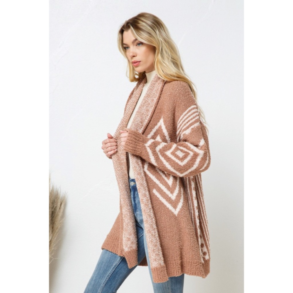 SOLD OUT Cozy Brown Soft Blanket Aztec Boho Tribal Knit Open Cardigan Sweater - Picture 7 of 8